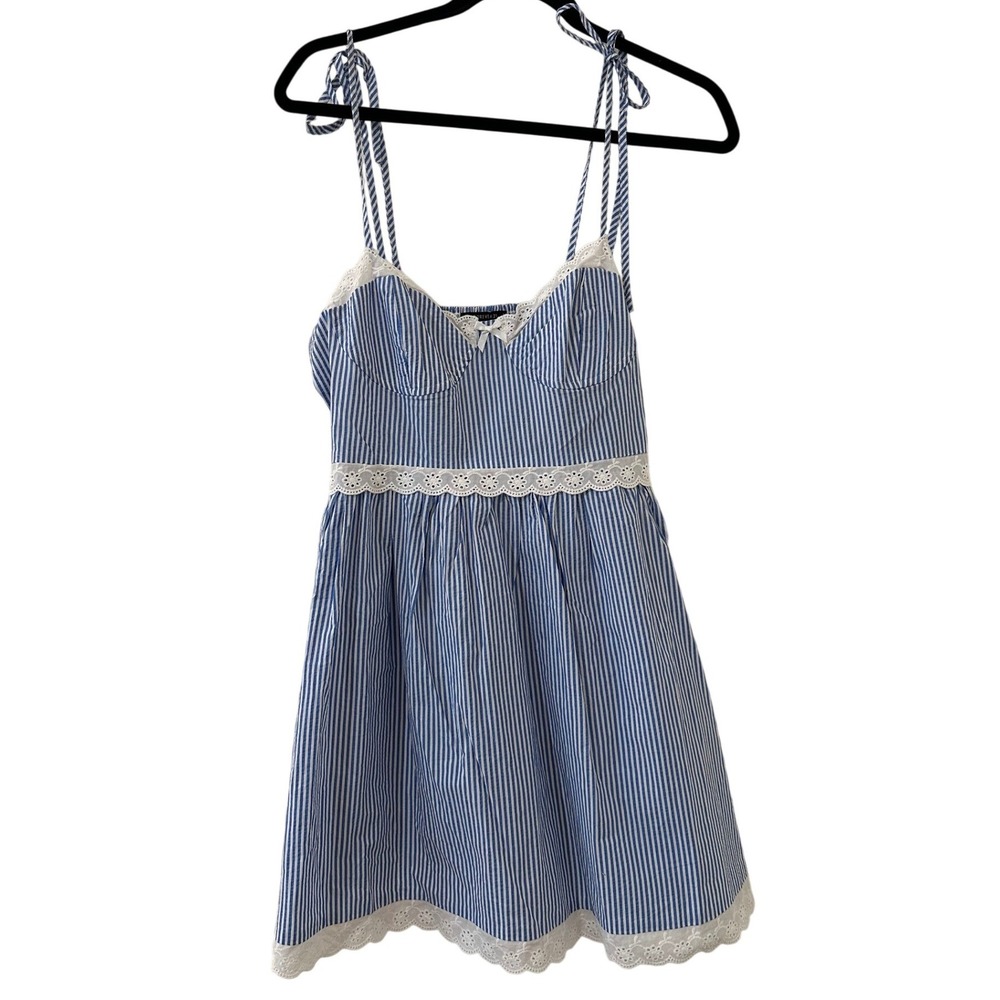 Forever 21 Blue White Striped Eyelet Lace Bustier Mini Dress Tie‎ Shoulder Large